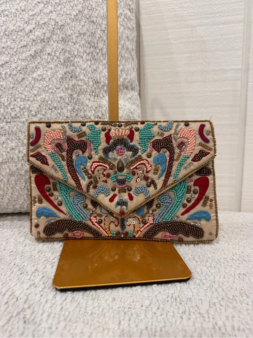 Djula Paris Beaded Multicolor Embroidered Envelope Clutch